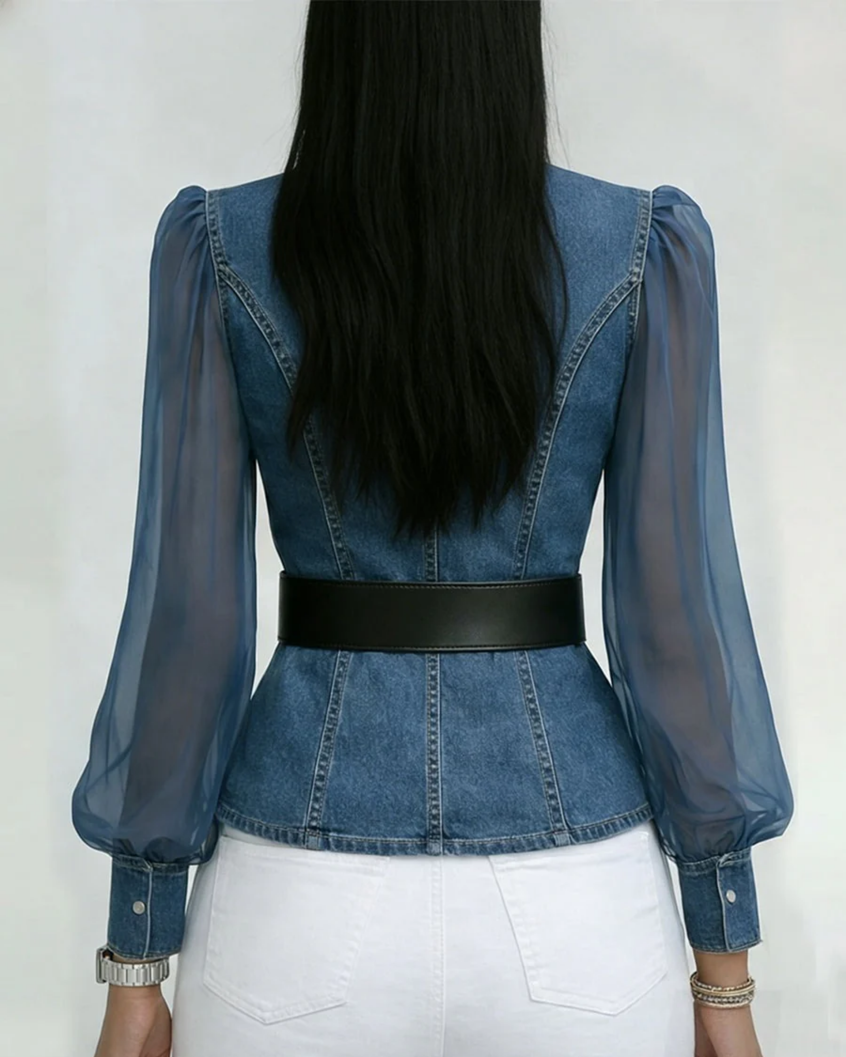 Vessa | Jeansblus Med Chiffongärmar