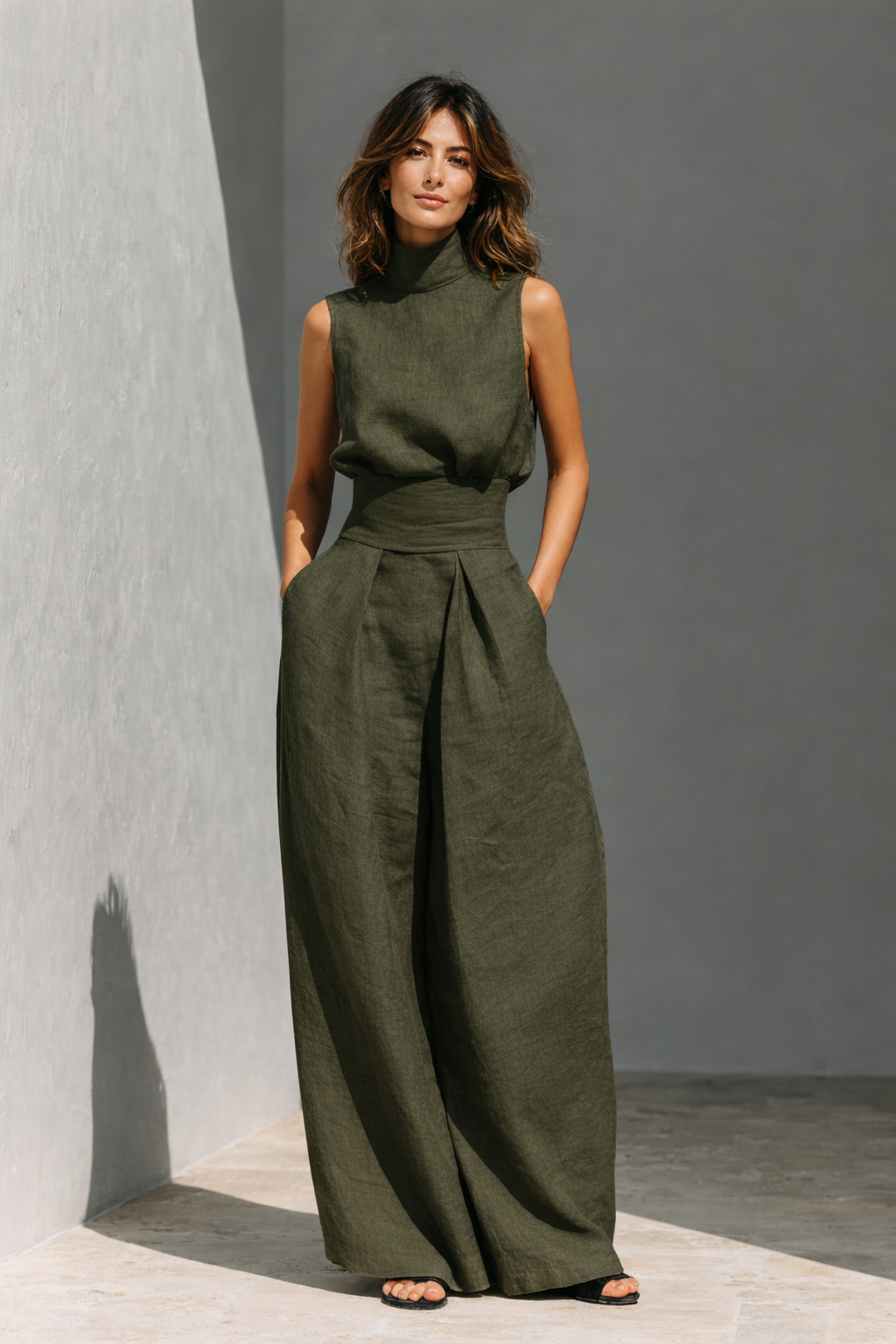 Maria - Ett Set Bestående Av en Linne Och Vida Byxor I Bomull Och Linne I Minimalistisk Stil För Dam
