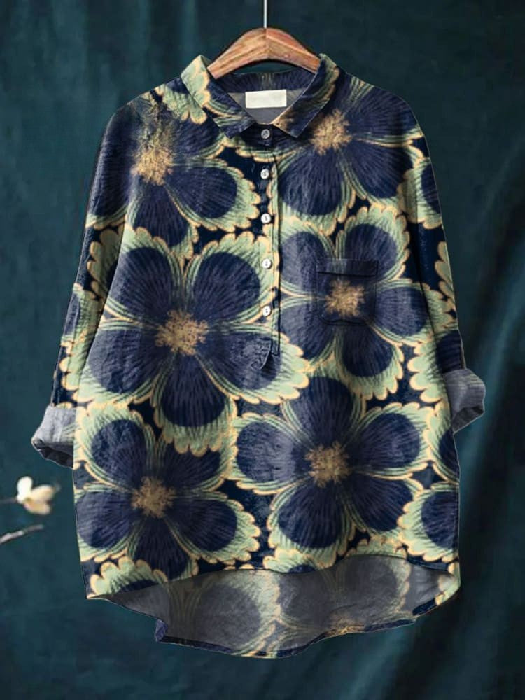 Kvinnor Vintage Blommor Konsttryck Casual Linne Skjorta