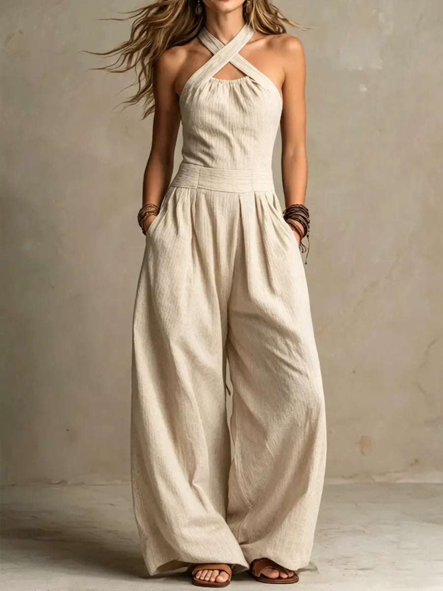 Bianca | Elegant Jumpsuit I Linne Och Bomull Med Korsad Urringning