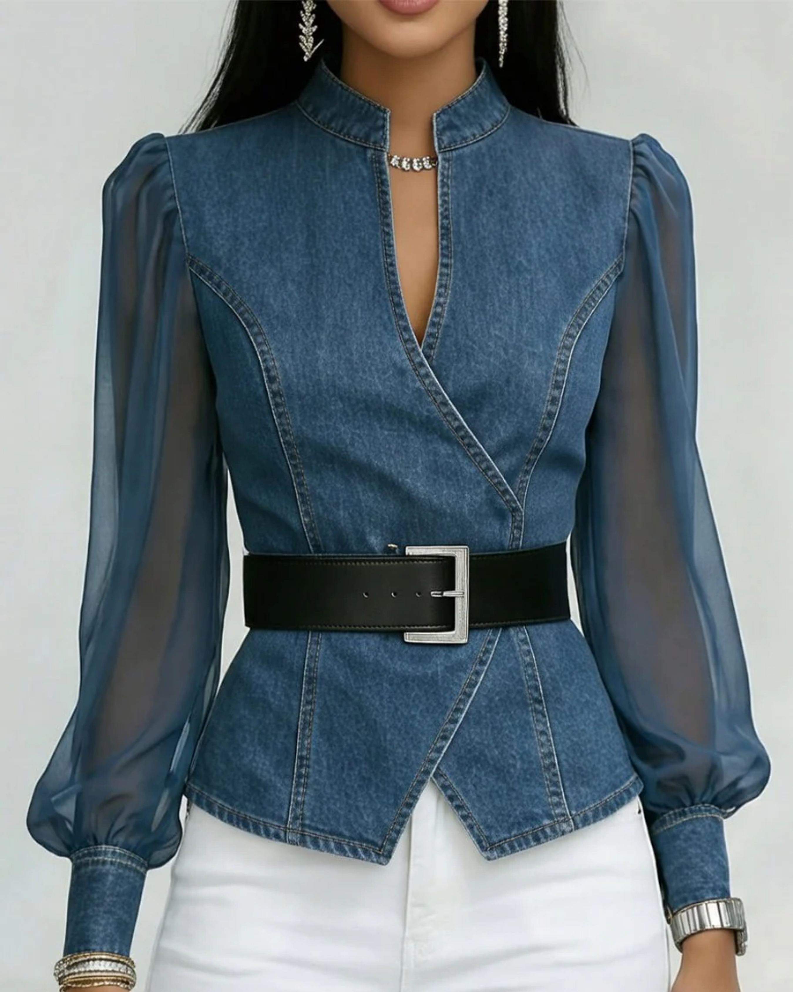 Vessa | Jeansblus Med Chiffongärmar