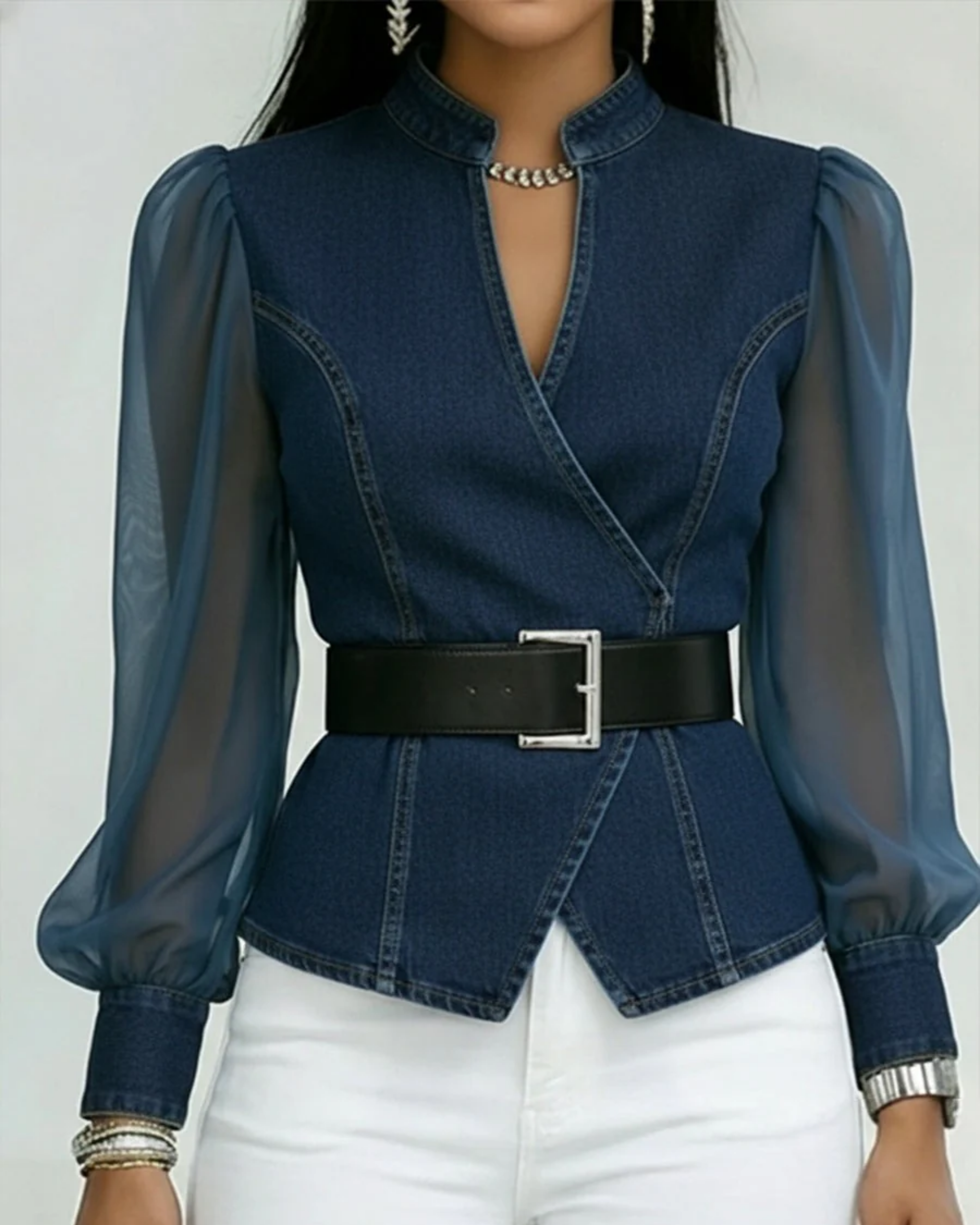 Vessa | Jeansblus Med Chiffongärmar