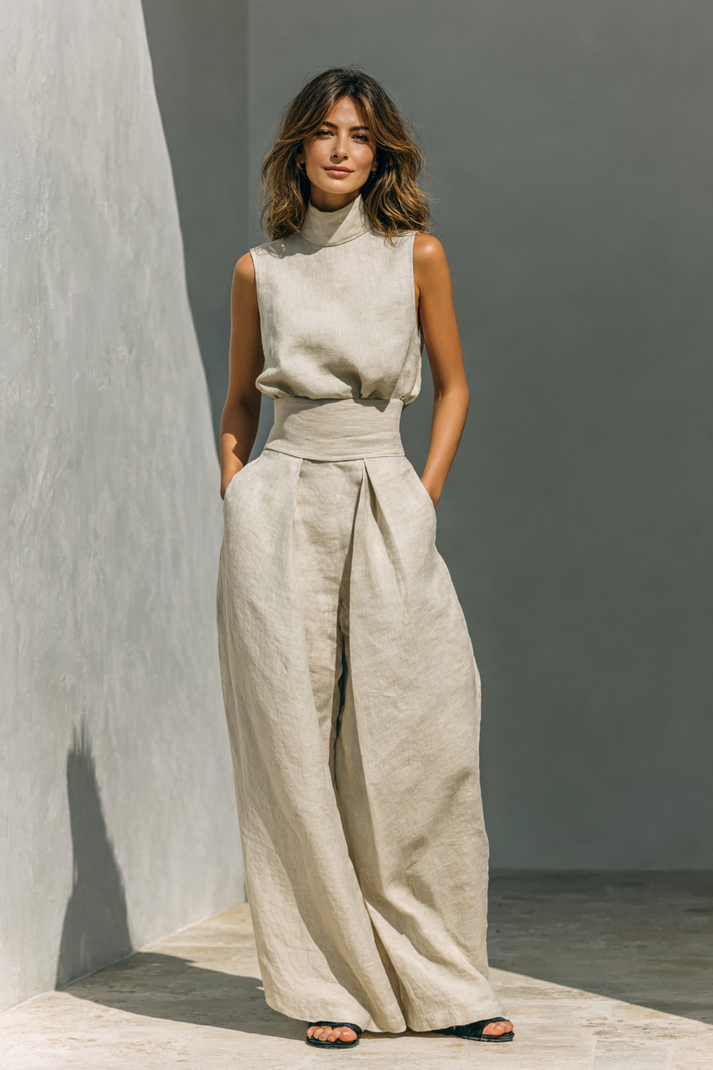 Maria - Ett Set Bestående Av en Linne Och Vida Byxor I Bomull Och Linne I Minimalistisk Stil För Dam