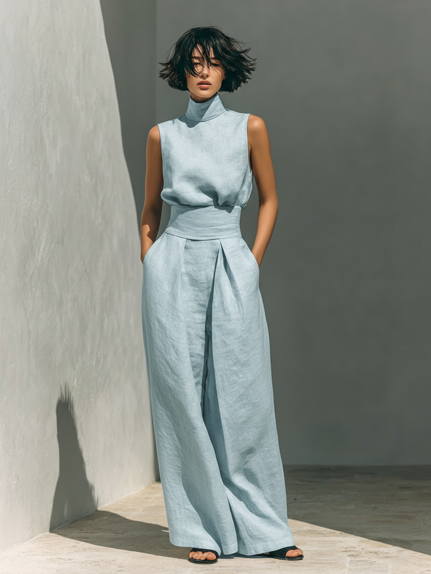 Maria - Set Med Topp Och Vida Byxor I Bomulls- Och Linneblandning I Minimalistisk Stil För Kvinnor
