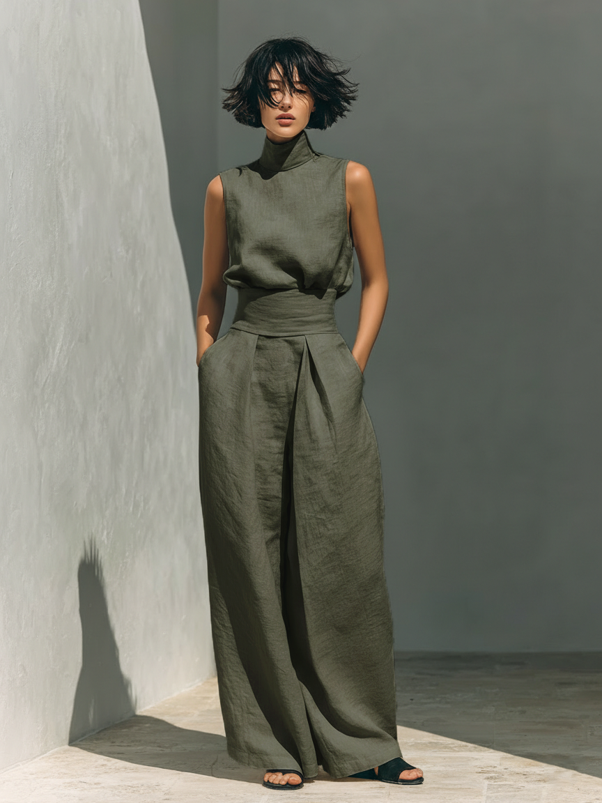 Maria - Set Med Topp Och Vida Byxor I Bomulls- Och Linneblandning I Minimalistisk Stil För Kvinnor