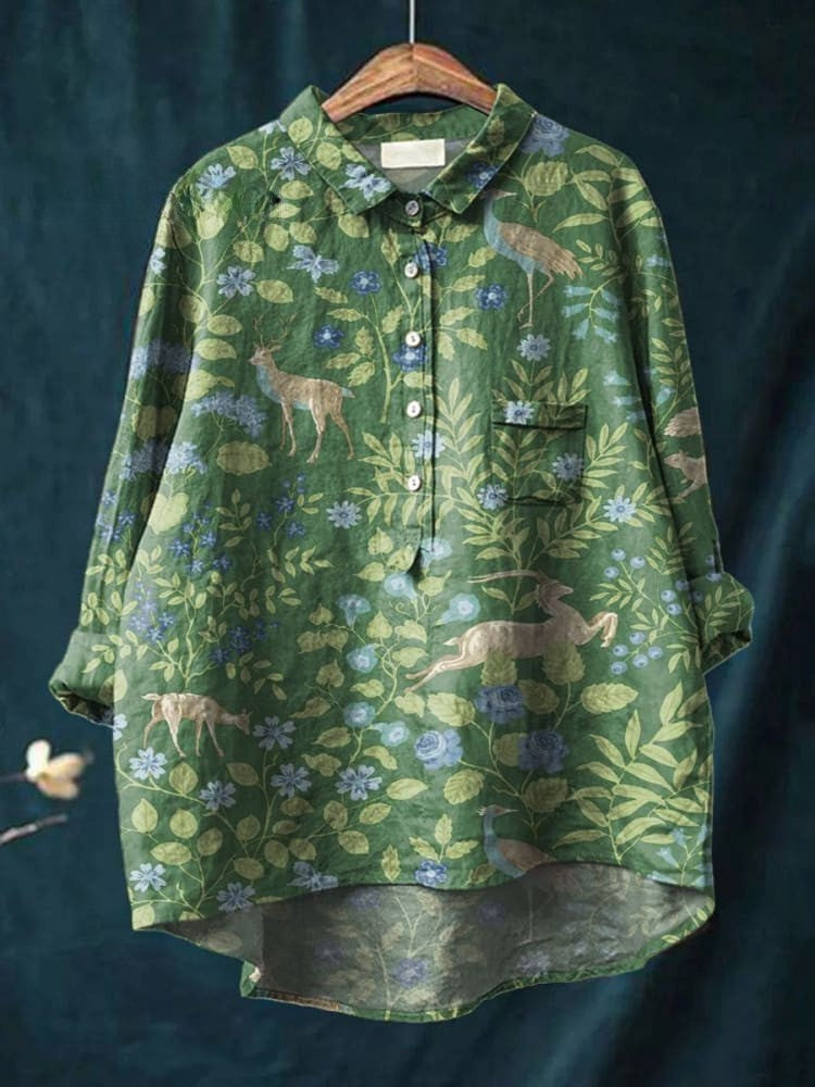 Dam Vintage Blommor Djur Konsttryck Avslappnat Linne Skjorta