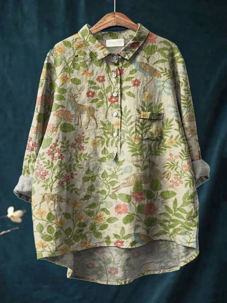 Dam Vintage Blommor Djur Konsttryck Avslappnat Linne Skjorta