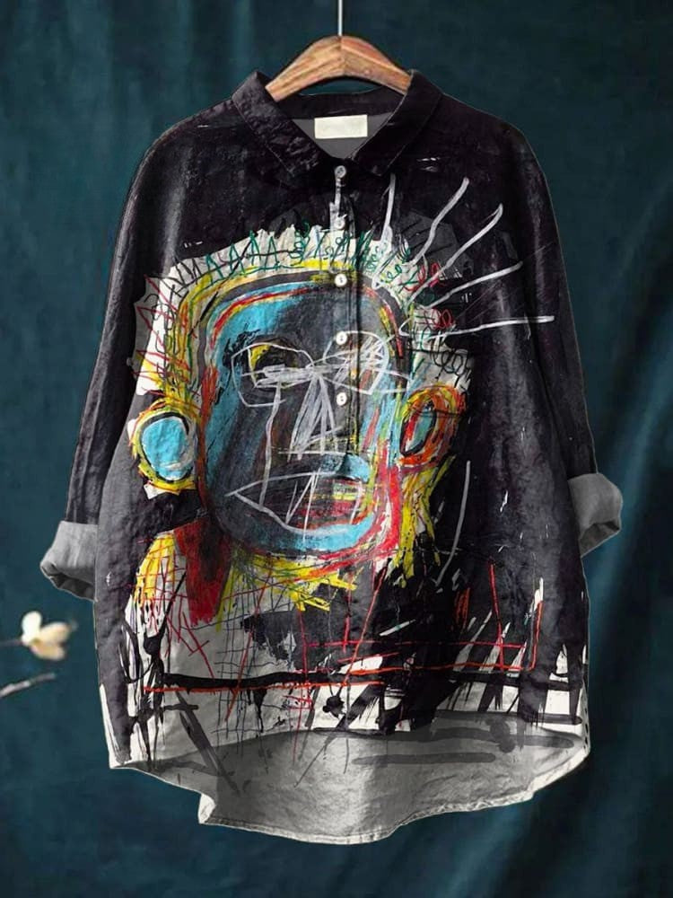 Vintage Abstrakt Figur Måleri Kunstprint Avslappnad Linne Skjorta